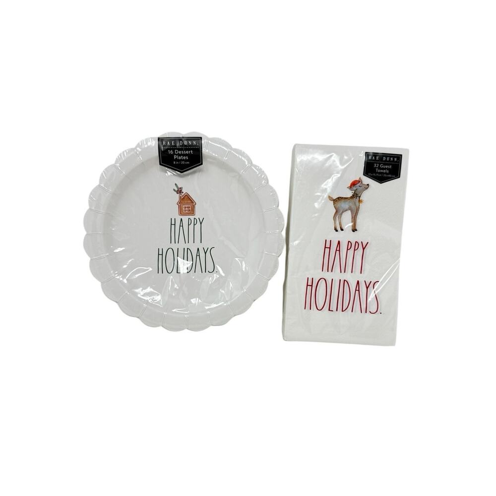 Rae Dunn Happy Holidays Dessert Plates Napkins Christmas Party Tableware Set‎